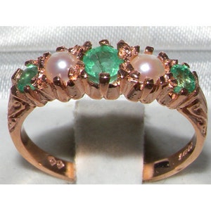 Natural Emerald & Freshwater Pearl 9K Rose Gold Half Eternity Engagement, Vintage Style 5 Stone Wedding Ring -Made in England-Customizable