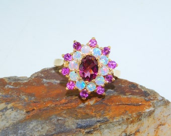 Yellow Gold Rhodolite Garnet and Australian Opal Cluster Ring | Natural Garnets and Opals | Select from 9k, 10k, 14k and 18k Yellow Gold