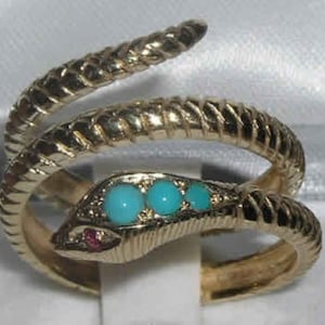 Fabulous Solid 9K Gold Natural Turquoise & Ruby Detailed Snake Ring - Choose from Yellow, Rose or White Gold.