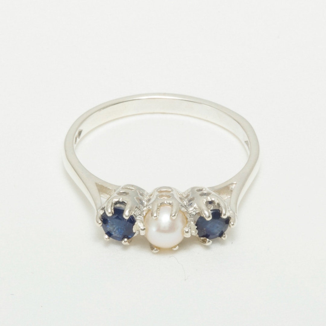 925 Sterling Silver Pearl & Sapphire Womens Trilogy Ring - Customizable ...