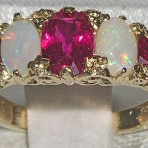 Fabulous 14K Yellow Gold Precious Ruby & Colorful Opal Engagement Ring, English Victorian Style Eternity Ring,  Ring - Customizable