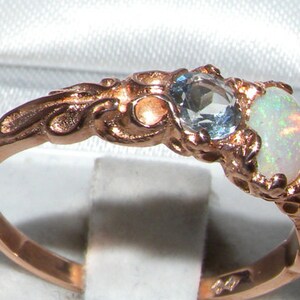 Solid 14K Rose Gold Natural Colorful Opal & Aquamarine English Vintage Style Trilogy Scroll Carved Ring Made in England Customizable image 2