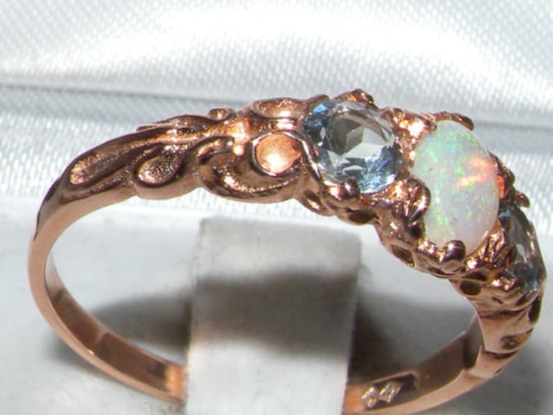 Solid 14K Rose Gold Natural Colorful Opal & Aquamarine English Vintage Style Trilogy Scroll Carved Ring Made in England Customizable image 2