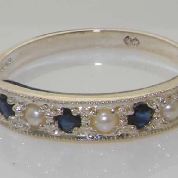 Luxury Solid 925 Sterling Silver Freshwater Pearl & Blue Sapphire  Ring, 7 stone Half Eternity Ring - Customize:9K,10K,14K,18K