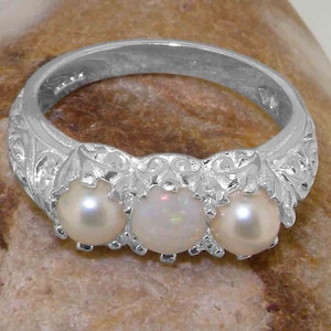 925 Sterling Silver Natural Opal & Pearl womens Trilogy Ring - Customizable 9K,10K,14K,18K Yellow, Rose or White Gold or Platinum