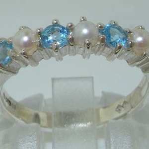 Sample Sale! Sterling Silver Pearl & Blue Topaz Classic Design Eternity Ring | Finger Sizes US 7 and 8.5, UK O and Q 1/2, EUR 55 and 58.5