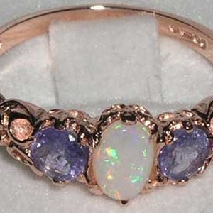 14K Rose Gold Natural Opal & Tanzanite Engagement Ring, English Victorian Style 3 Stone Trilogy Ring, Ring Customizable image 3