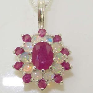 Luxury Large 925 Sterling Silver Ornate Vibrant Natural Ruby & Colorful Opal 3 Tier Cluster Flower English Classic Pendant Necklace