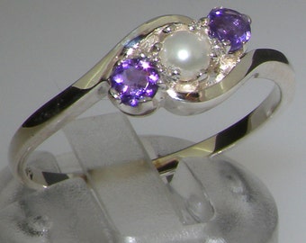 925 Sterling Silver  Pearl & Amethyst Womens  Trilogy Ring - Customizable Platinum,9K,10K,14K,18K Yellow, Rose or White Gold