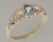 Solid 9k White, Yellow or Rose Gold Natural Aquamarine Pearl womens Trilogy Ring