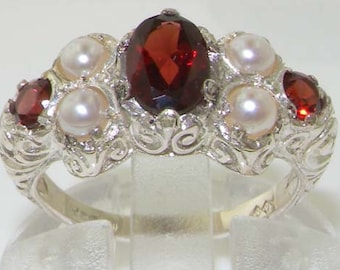 Gorgeous Natural Garnet & Pearl Solid English 925 Sterling Silver Victorian Style Unique Promise Ring - Made in England - Customizable