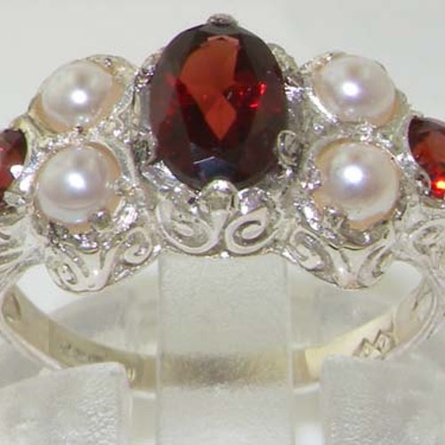 Gorgeous Natural Garnet & Pearl Solid English 925 Sterling Silver Victorian Style Unique Promise Ring - Made in England - Customizable shops