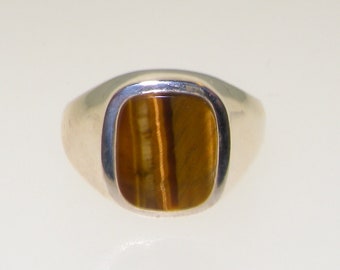 Mens Contemporary 925 Sterling Silver Cushion Cut Natural Tigers Eye Square Signet Ring - Select Plain or Milled Edge - Customizable