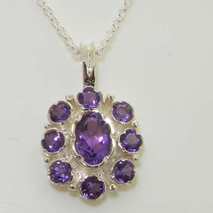 Small Pendant, Solid 925 Sterling Silver Natural Amethyst Unique Cluster Flower Contemporary Pendant Necklace - Made in England
