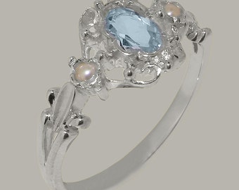 Solid Sterling Silver Natural Aquamarine & Pearl Womens Trilogy Ring - Customizable 9K,10K,14K,18K Yellow, Rose or White Gold or Platinum