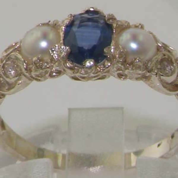 English 9K White Gold Natural Blue Sapphire & Pearl Victorian 3 Stone Trilogy Band Ring - Made in England - Customize:9K,14K,18K Gold