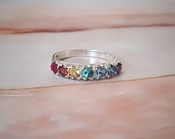 925 English Sterling Silver Rainbow Half Eternity Band - Made in England -Customize:14K,18K,Yellow,Rose,White