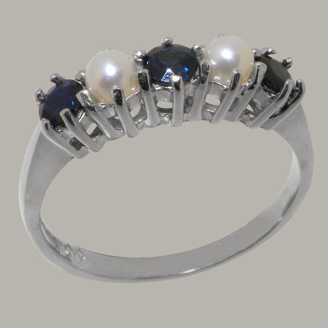 Solid 925 Sterling Silver Natural Sapphire & Pearl Womens Eternity Ring ...