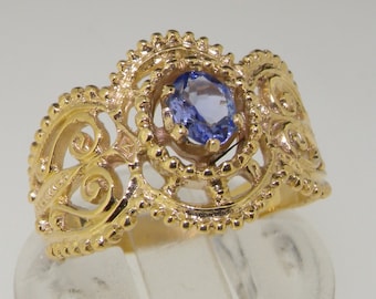 Verzierter 9K Gelbgold Natürlicher Oval Tansanit Solitär Filigraner Ring, englischer antiker Vintage-Stil Ring - Individuell einstellbar