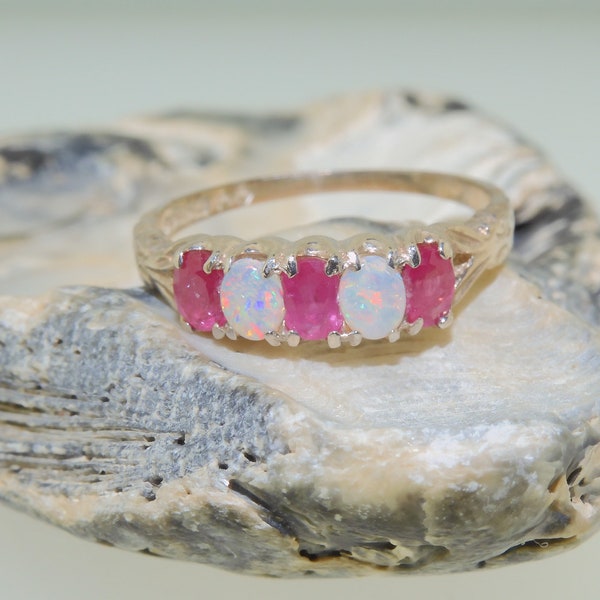 Sterling Silver Natural Ruby & Opal Vintage Inspired Ring | Silver Ruby and Opal Ring | Five Stone Ring | Silver Eternity Ring