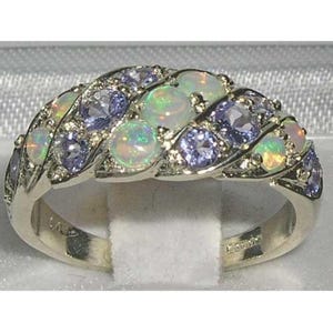 14K White Gold Natural Opal & Tanzanite Eternity Band, Cluster Wave Ring, Anniversary Ring - Made in England - Customize:9K,14K,18K