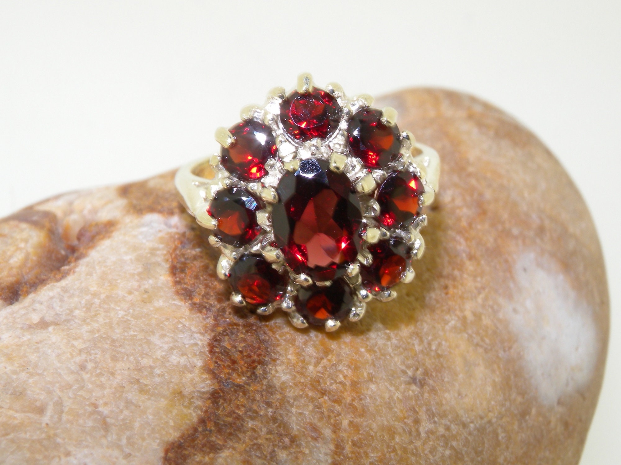 Natural Garnet & White Gold Plated Sterling Silver Cluster Ring - 3.11 Carat, Size 8.5 - View #6