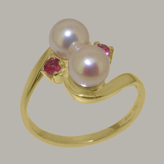 9ct Yellow Gold Pearl & Pink Tourmaline Womens Dress Ring - Customizable 9K,10K,14K,18K Yellow, Rose or White Gold or Platinum