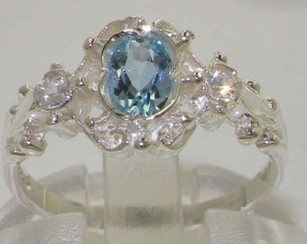 Dainty Platinum Natural Aquamarine & Diamond  Victorian Inspired Ring - Made in England - Customizable
