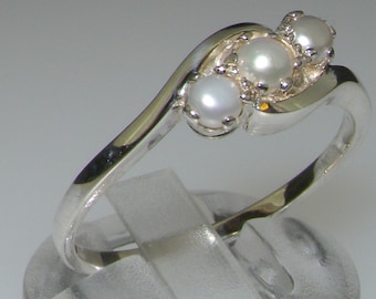 18k White Gold  Pearl Womens  Trilogy Ring - Customizable Platinum,9K,10K,14K,18K Yellow, Rose or White Gold