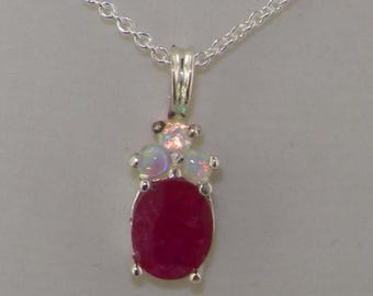 Luxury Solid 925 Sterling Silver Natural Ruby and Colorful Opal Small Pendant, Two Gemstone  English Contemporary Necklace - Made in England