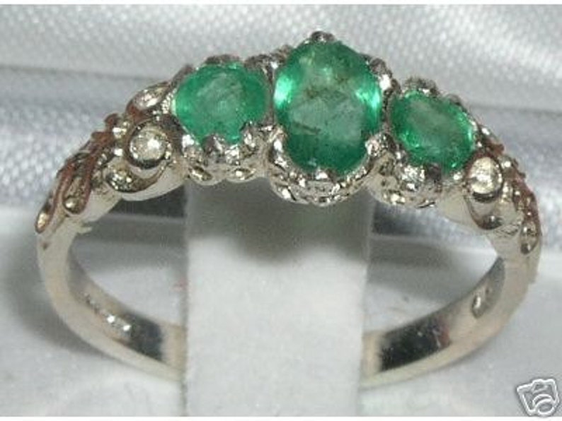 Silver Emerald Ring Sterling Silver Ring Sterling Silver Emerald Ring Emerald Trilogy Ring May Birthstone Vintage Style Ring image 1