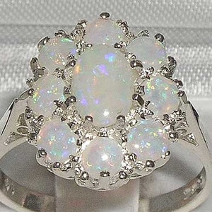 Solid 925 Sterling Silver  Natural Colorful Opal Cluster Flower Ring, English Antique Style Floral Anniversary Ring - Customizable