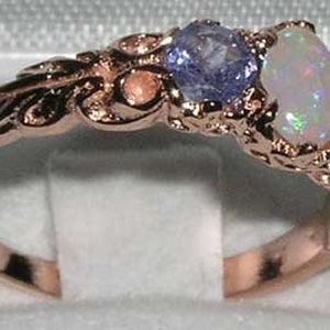14K Rose Gold Natural Opal & Tanzanite Engagement Ring, English Victorian Style 3 Stone Trilogy Ring, Ring Customizable image 2