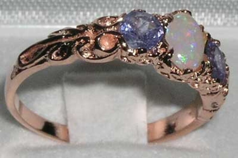 14K Rose Gold Natural Opal & Tanzanite Engagement Ring, English Victorian Style 3 Stone Trilogy Ring, Ring Customizable image 2