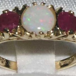 9K Yellow Gold Natural Colourful Opal & Ruby Art Nouveau Carved Anniversary Ring, English Antique Design 3 Stone Trilogy Ring - Customizable