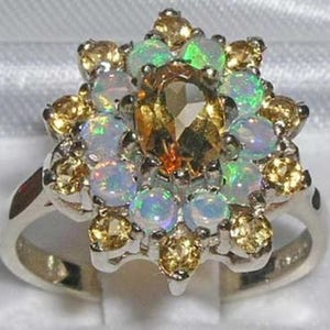Solid 925 Sterling Silver Natural Citrine & Colorful Opal Large Cluster Flower Ring, English Vintage Design Ring - Customizable