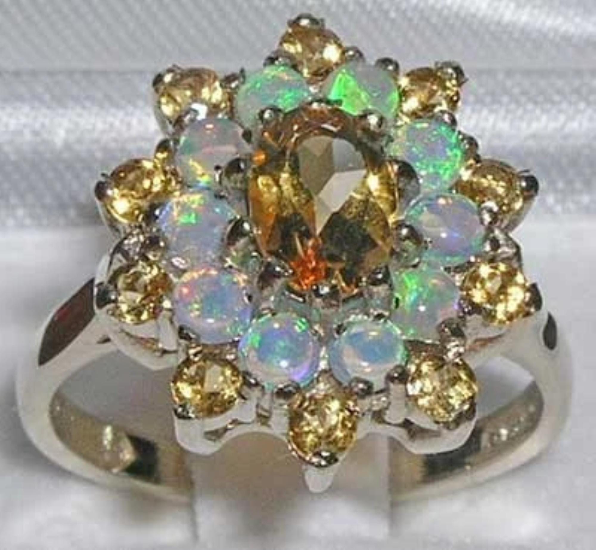 Solid 925 Sterling Silver Natural Citrine & Colorful Opal Large Cluster Flower Ring, English Vintage Design Ring - Customizable