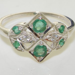 Dainty 925 Sterling silver Natural Emerald & CZ Cubic Zirconia Cluster  Design Ring, English Antique Vintage Style Ring