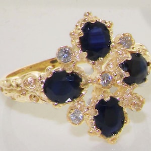 Solid 14K Yellow Gold Natural Dark Blue Sapphire & Diamond Engagement Ring, Unique Vintage Design Ring, Rhombus ring- Customizable