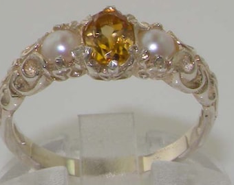 Solid 925 Sterling Silver Natural Citrine & Pearl Victorian Trilogy Promise Ring -  Made in England - Customize: 9K, 14K, 18K Gold