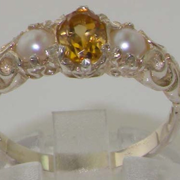 Solid 925 Sterling Silver Natural Citrine & Pearl Victorian Trilogy Promise Ring -  Made in England - Customize: 9K, 14K, 18K Gold