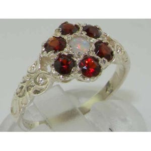 Small Flower Ring, 925 Sterling Silver Natural Opal & Garnet Daisy Ring, Victorian Style Carved Ring - Made in England - Customizable