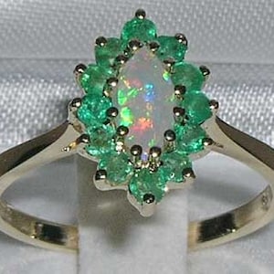 9K Yellow Gold Natural Emerald & Marquise Natural Colorful Opal Engagement Ring, English Vintage Design Cluster Flower Ring -Customizable