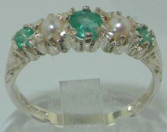 English 925 Sterling Silver Natural Emerald & Freshwater Pearl Vintage Style Half Eternity Band, Classic 5 Stone Carved Ring - Customizable