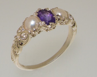 Solid 925 Sterling Silver Natural Amethyst & Pearl womens Trilogy Ring - Customizable Platinum,9K,10K,14K,18K Yellow, Rose or White Gold