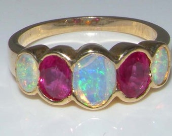 Solid 9K Yellow Gold Natural Colorful Opal & Ruby Half Eternity Ring, Anniversary Ring, English Design Five Stone Band - Customizable