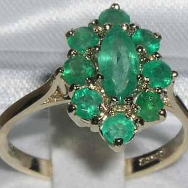 9K 375 Yellow Gold Natural Emerald Cluster Flower Promise Ring, English Vintage Design Engagement Ring - Customize:Platinum,9K,10K,14K,18K