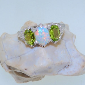 Sterling Silver Opal & Peridot Trilogy Ring | Victorian Inspired Trilogy Ring | Natural Australian Opal and Natural Peridots