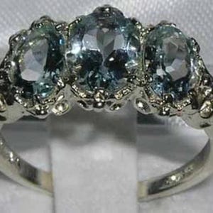9K White Gold Natural Aquamarine Trilogy Ring - Customize: 9K, 14K, 18K Yelow Rose or White Gold