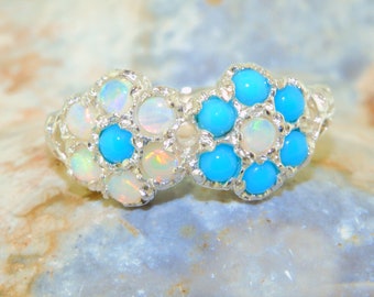 Sample Sale! US Size 8.75 UK AU R Double Daisy Ring | Sterling Silver Colourful Opal & Turquoise Daisy Ring | Double Daisy Flower Ring